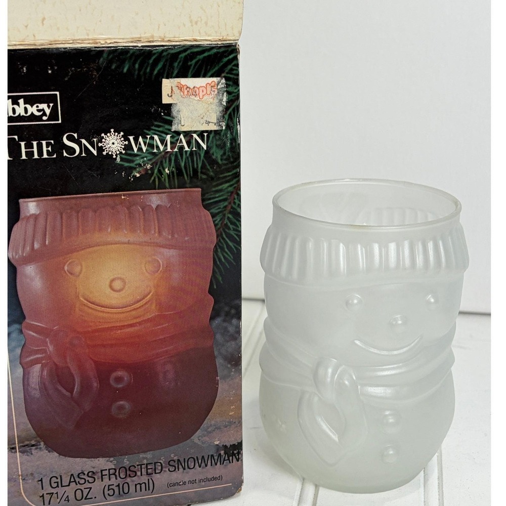 Vintage Libbey Frosted Glass Snowman Votive Holder Kitsch Holiday